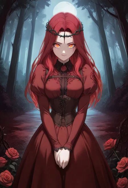 masterpiece, best quality, very aesthetic, absurdres, 1girl, solo, looking at viewer, downturned face, slight smile, red hair, long hair, glowing red-orange eyes, rust red dress, high collared burgundy shirt, long sleeves, rose patterns on puffy shoulder sleeves, collared dress, embroidered black lace collar with one large real red rose in the center, (black dead thorny circlet crown) of thorns on her head, corset with leather straps, thorny rose vines, detailed background, low-key, red haze, red roses, dark fantasy forest, blood moon behind the trees. 