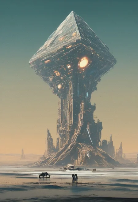 scifi, concept art, detailed illustration of futuristic megastructure on ice planet by Syd Mead