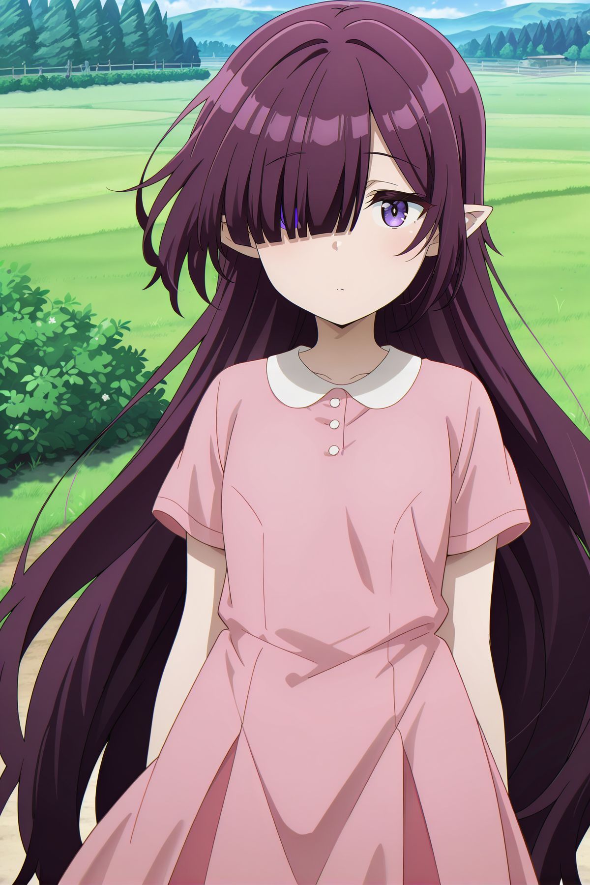 absurdres, highres, masterpiece, best quality, amazing quality, official anime artwork, screencap, anime screencap, outdoors, looking at viewer, day, 
<lora:Eta_Illustrious:1> Eta, 1girl, solo, purple eyes, purple hair, very long hair, hair over one eye, pointy ears, aged down, small breasts,, pink dress, short sleeves,