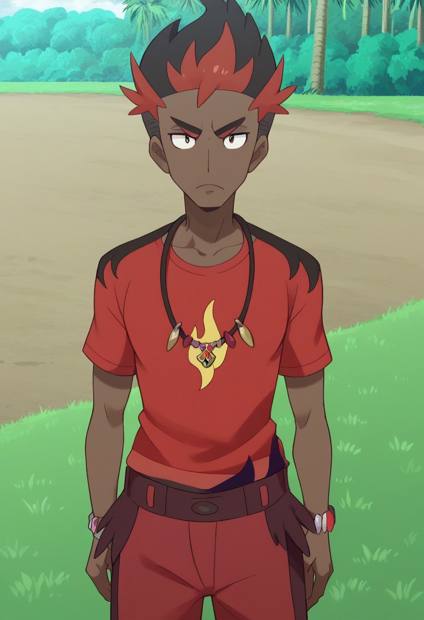 score_9, score_8_up, score_7_up, source_anime, highly detailed, 
kiawe, 1boy, male focus, red shorts, solo, dark-skinned male, dark skin, jewelry,
upper body, multicolored hair, shorts, closed mouth, black hair, 
two-tone hair, necklace, standing, red hair, looking at viewer, frown,
bracelet, t-shirt, printed shirt, flame print,
outdoor, grass, trees, day,