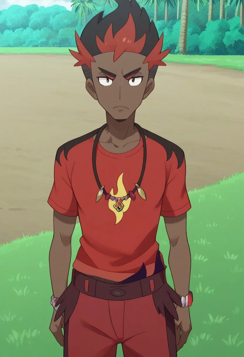 score_9, score_8_up, score_7_up, source_anime, highly detailed,
kiawe, 1boy, male focus, red shorts, solo, dark-skinned male, dark skin, jewelry,
upper body, multicolored hair, shorts, closed mouth, black hair,
two-tone hair, necklace, standing, red hair, looking at viewer, frown,
bracelet, t-shirt, printed shirt, flame print,
outdoor, grass, trees, day,