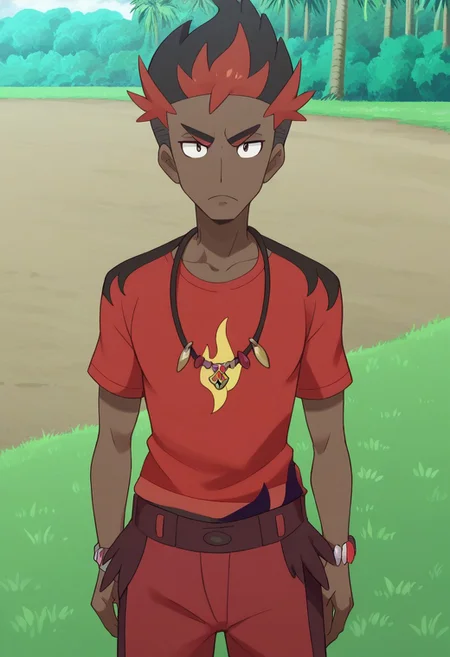 score_9, score_8_up, score_7_up, source_anime, highly detailed,
kiawe, 1boy, male focus, red shorts, solo, dark-skinned male, dark skin, jewelry,
upper body, multicolored hair, shorts, closed mouth, black hair,
two-tone hair, necklace, standing, red hair, looking at viewer, frown,
bracelet, t-shirt, printed shirt, flame print,
outdoor, grass, trees, day,