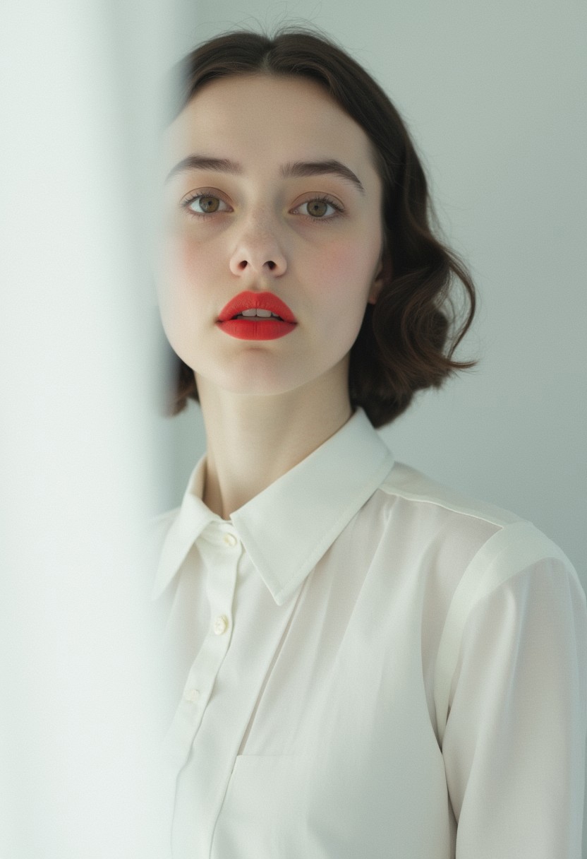 A captivating minimalist portrait of a shy and alluring woman. The left half of her face is visible, with her delicate features seamlessly merging into a blank canvas of white. Her soft, bright red lips contrast against the monochromatic background, drawing the viewer's attention. Her eyes hold a subtle, mysterious expression that exudes both haunting and enchanting vibes. The simplicity of the composition, with its stark contrast, evokes a sense of ethereal beauty. cinematic_1940s cinematic_octane