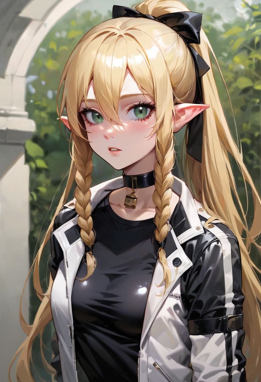 (masterpiece, best quality), 1girl, collarbone, {leafa, green eyes, blonde hair, ponytail, long hair, hair between eyes, bangs, twin braids, pointy ears,((black lather jacket,black latex t-shirt)),lock at viewer
score_9, score_8_up, score_8_up, layering, 1girl,  exposed, large soft breast, slender body, ultra detailed,(g0thicPXL:0.3), <lora:g0th1cPXL:0.3>, cover,  exaggerated proportions, long hairs , blond hair, medium breasts ,large elastic buttocks, round bubble ass,  (ultra wide angle shot:0.65), shallow depth of field, smooth skin texture, alluring curves, tasteful sensuality, softcore, Expressiveh