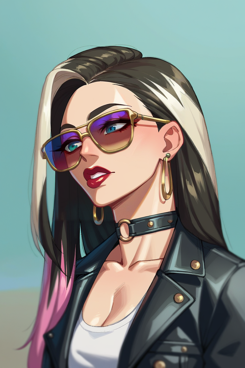 absurdres,high quality,score_9, score_8_up, score_7_up, score_6_up, score_5_up, score_4_up, BREAK source_anime,bottomless,1girl,rating_explicit
edgAUG, long hair, jewelry,  multicolored hair, earrings, makeup,  lipstick, big eyes,choker,sunglasses,leather jacket
 <lora:edgAUGPony:0.75>