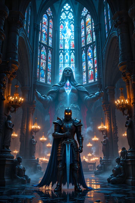 A hyper-realistic portrait, photorealistic photo close-up image of In the heart of a vast, subterranean cathedral, an armored knight with a glowing, sapphire-colored sword stands motionless beneath the towering, stained-glass windows that radiate with an eerie, kaleidoscopic light. His armor, black as obsidian and etched with faint, glowing runes, gleams under the multicolored shafts of light that spill from the ceiling high above. Surrounding him, massive stone statues of forgotten gods loom in silent judgment, their eyes made of burning gemstones that flicker in the darkness. The floor beneath his feet is slick with a thin layer of water, reflecting the vibrant hues of the windows and creating an otherworldly shimmer across the vast, echoing chamber. Above, ancient stone chandeliers hang suspended by invisible threads, their candles long since extinguished, yet a faint light seems to pulse within the dark corners of the cathedral. The knightâs eyes, glowing faintly behind his helm, are locked onto the altar at the far end of the room, where a single, floating crystal pulsates with the heartbeat of the earth itself. The air is thick with the scent of ancient incense and the faint hum of forgotten prayers, and the knight stands poised as if on the edge of some great, divine revelation. A soft breeze stirs the stagnant air, rustling the tattered banners that hang from the cathedralâs high arches, adding a sense of haunted grandeur to the scene. (photography, high-resolution, dynamic, energetic,hyper-realistic, dramatic lighting, shallow depth of field.), detailmaximizer, MythP0rt<lora:midjourney_whisper_flux_lora_v01:0.55><lora:aidmaMJ6.1-FLUX-V0.1:0.4><lora:FluxMythP0rtr4itStyle:0.4><lora:detailed_flux_ntc:2.2><lora:aidmaImageUpgrader-FLUX-V0.1:0.65>
