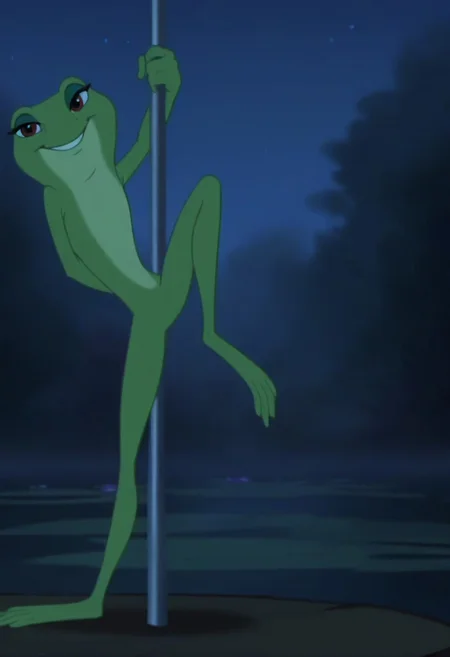 score_9, score_8_up, score_7_up, Tiana (Frog), cartoon, solo, 1girl, female, frog, ((full shot)), Disney, (((on dancing pole:1))) full body, back view, eyeliners, eyes half open, back view, (((one leg hooked on pole))), (((long sit move))), (((leaning back))), looking at viewer, smiling, trees, ((seductive)), screenshot, ((night)), brown irises