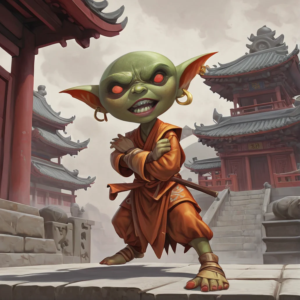 cartoon style image of a cute female path_goblin monk, big eyes, shaolin monk, anime, powerful, intricate detailed, fantasy, magic, martial arts, posed, mystic, brutal, fight, berserk, rage, anger, on a mystical temple,<lora:Path_goblin:1>