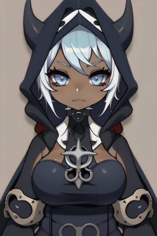 Devil, horns, body mods, chibi, huge breasts, thick thighs, muscular, ((dark tan skin)), white hair, ((navy hair streaks)), short spiky scene hair, slanted blue eyes,blue tribal cloud tattoos, non human, monster girl, bad ass, ((nun)), huge fluffy white scarf, (( hooded jumpsuit)), ((steampunk)), ((y2k aesthetic)), black, white, navy, light blue, 3d render, chibi, ((Kaeya Alberich inspired outfit)), poofy hair, eyeliner, emo, emo makeup, goth, wrench_genshin_style, chara-sheet