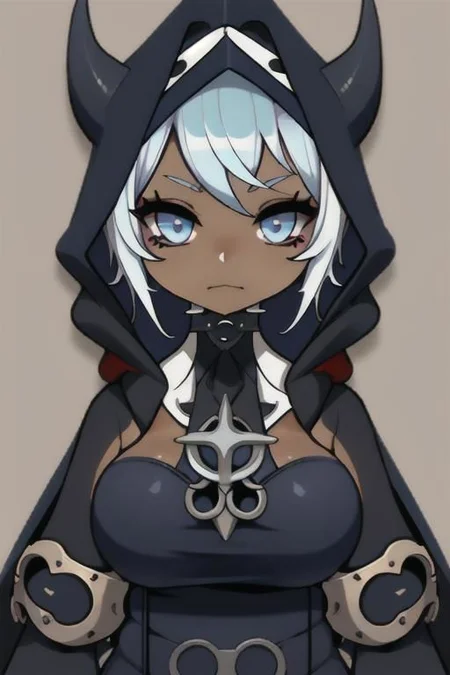 Devil, horns, body mods, chibi, huge breasts, thick thighs, muscular, ((dark tan skin)), white hair, ((navy hair streaks)), short spiky scene hair, slanted blue eyes,blue tribal cloud tattoos, non human, monster girl, bad ass, ((nun)), huge fluffy white scarf, (( hooded jumpsuit)), ((steampunk)), ((y2k aesthetic)), black, white, navy, light blue, 3d render, chibi, ((Kaeya Alberich inspired outfit)), poofy hair, eyeliner, emo, emo makeup, goth, wrench_genshin_style, chara-sheet