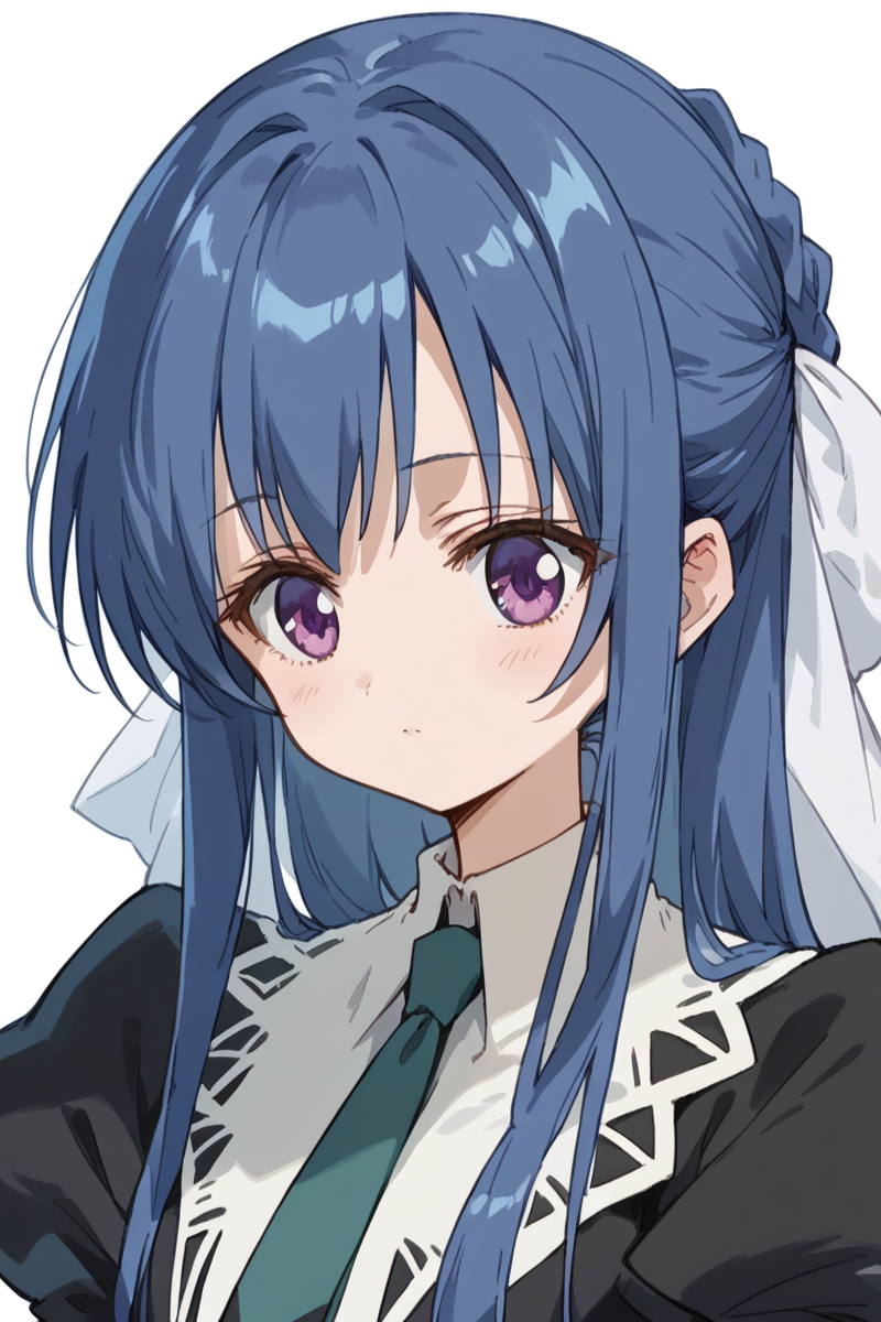 score_9, score_8_up, score_7_up, score_6_up,
 <lora:Tamao_Suzumi:1> tamao, miator, 1girl, solo, blue hair, purple eyes, necktie, long hair, school uniform, sidelocks, long sleeves, upper body, juliet sleeves, ribbon, puffy sleeves, hair ribbon, simple background