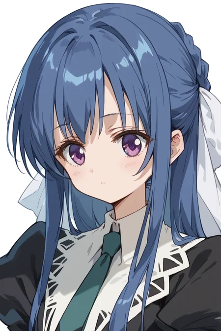 score_9, score_8_up, score_7_up, score_6_up,
<lora:Tamao_Suzumi:1> tamao, miator, 1girl, solo, blue hair, purple eyes, necktie, long hair, school uniform, sidelocks, long sleeves, upper body, juliet sleeves, ribbon, puffy sleeves, hair ribbon, simple background