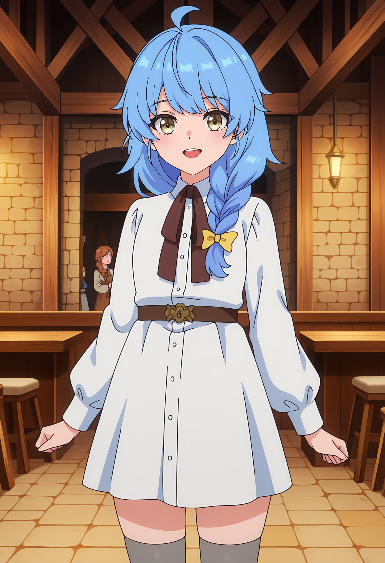 anime screencap, masterpiece, best quality,
<lora:ARankParty(Aparida)_Rain_IlluXL:0.9>,
1girl, solo, open mouth, light smile, blush, upper teeth only,
single braid, ahoge, blue hair, long hair, multicolored eyes, hair bow, yellow bow,
RainCasual, neck ribbon, brown ribbon, white dress, short dress, long sleeves, brown belt, grey thighhighs,
standing, looking at viewer, cowboy shot,
indoors, medieval, restaurant, people