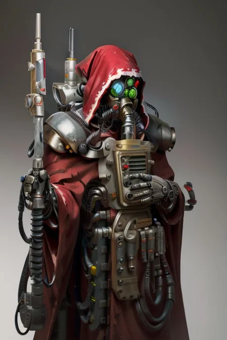 ((masterpiece,best quality)), absurdres, mechanical arms, robes, hood, ((techpriest)), cyborg, mechanical face, (cyber_tech ) mechanical limbs, gas mask, red robe, 1other, solo,