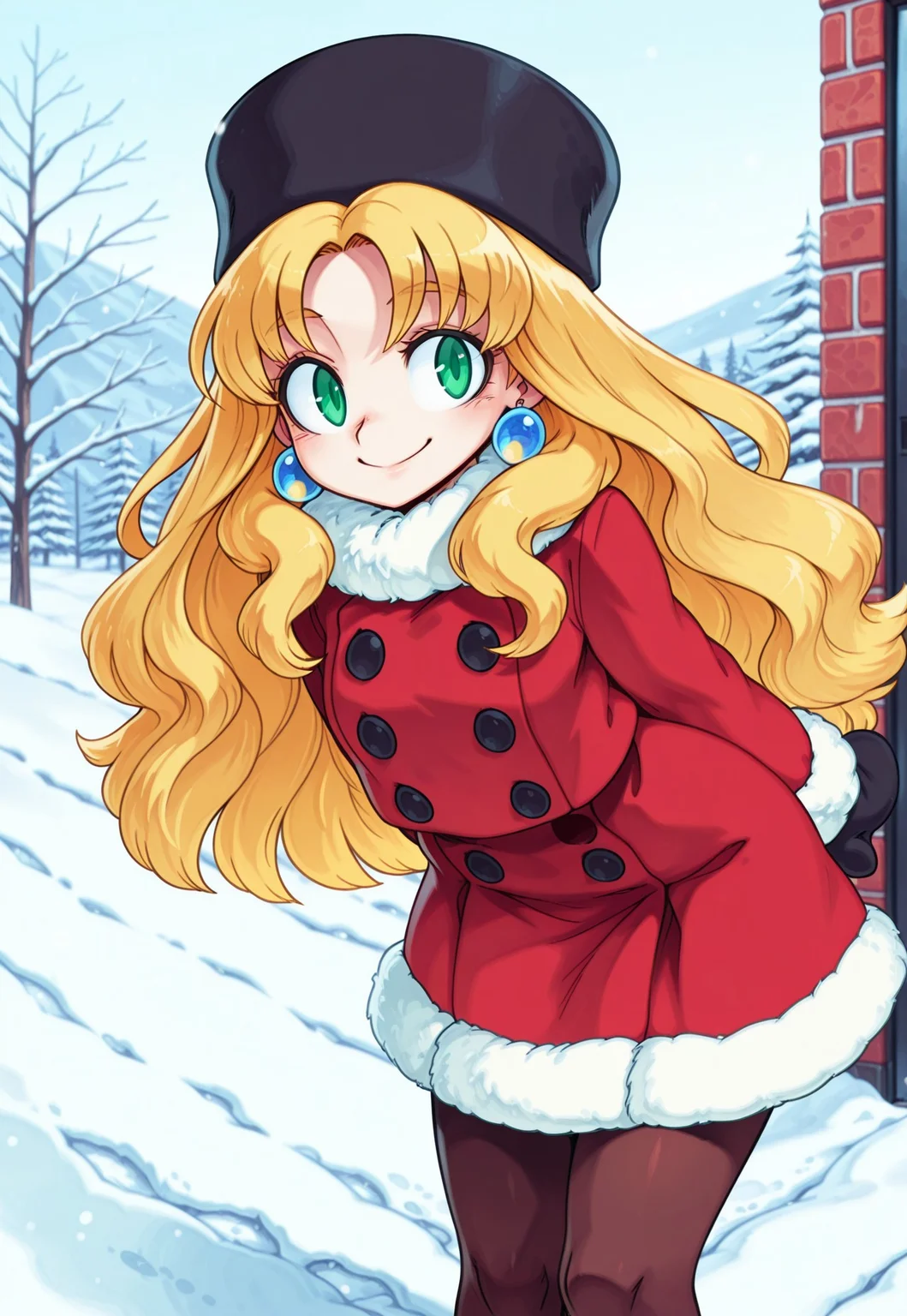masterpiece, best quality, absurdres, 1girl, solo, Kabrap, blonde hair,long hair,green eyes,bangs, Kalinka,fur hat,bangs,red coat,blonde hair,green eyes,wavy hair,short hair, winter clothes,fur trim,buttons,earrings,pantyhose,jewelry,black mittens, black hat, outdoors, snow, hands behind back, leaning forward, smile