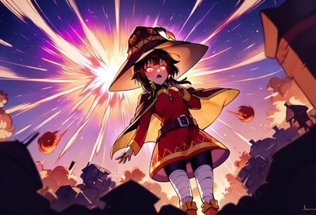 Megumin from konosuba casting explosion, glowing eyes, wide angle shot, magic explosion, night time, zoomed out
score_9,score_8_up,score_7_up,score_6_up