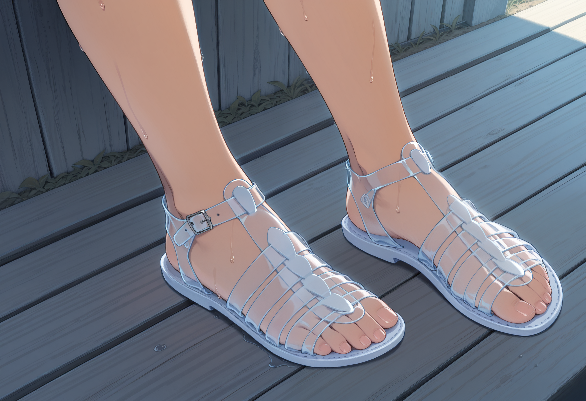 masterpiece, best quality, amazing quality, very aesthetic, absurdres, newest, 
illustration, game cg, perfect feet,
1girl, close-up,
kanzaki hiro,
sakurajima saromako,
foot focus, greeksandals, sandals, (transparent footwear:1.25), wet,
masterpiece, best quality, absurdres <lora:greekSandals_V3.1-IL-000012:1>