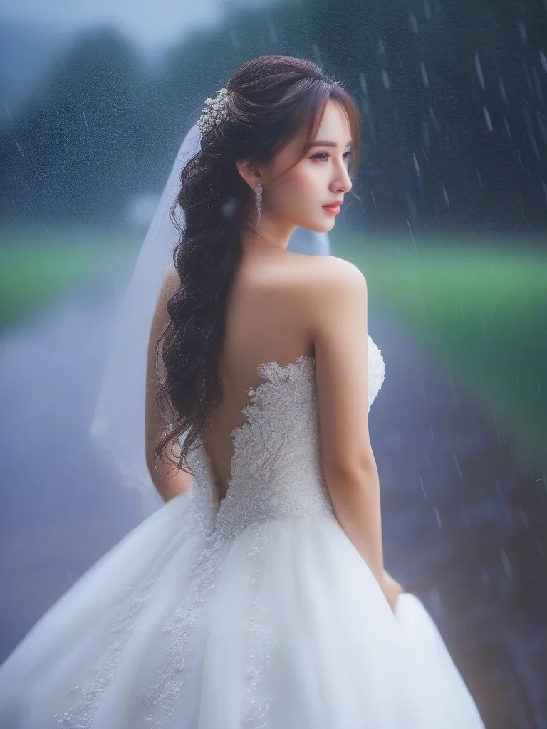 masterpiece, best quality, girl, long hair, looking at viewer, rain, wedding dress,<lora:sl_sila:0.8>