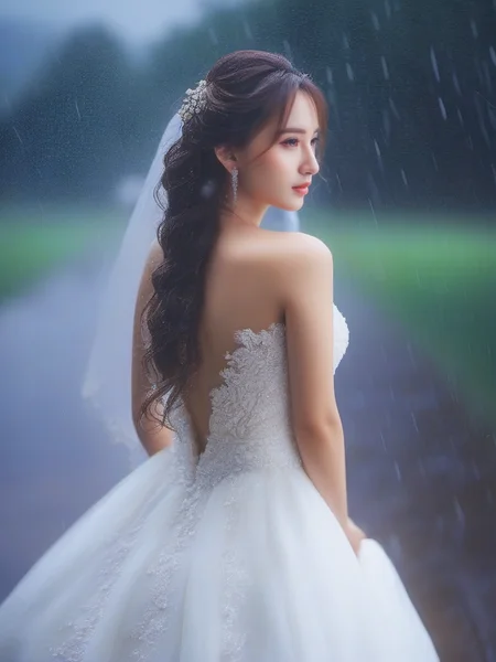 masterpiece, best quality, girl, long hair, looking at viewer, rain, wedding dress,<lora:sl_sila:0.8>