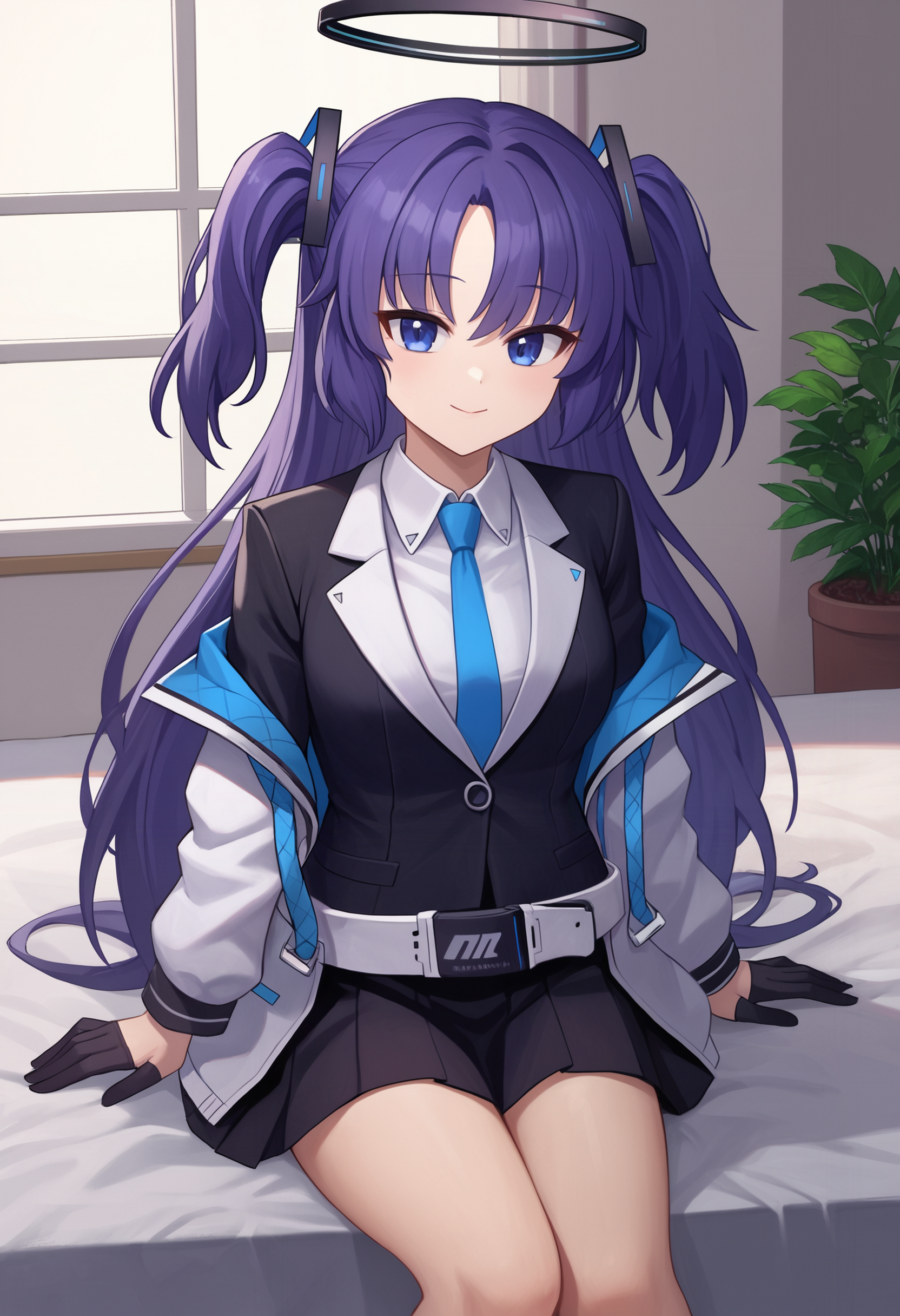 zPDXL, source_anime, BREAK
hayase yuuka, two side up, school uniform, open jacket, belt, halo, black gloves,
light smile, closed mouth,
sitting,
indoors,  <lora:yuuka-ponyxl-kohya-000007:0.8>