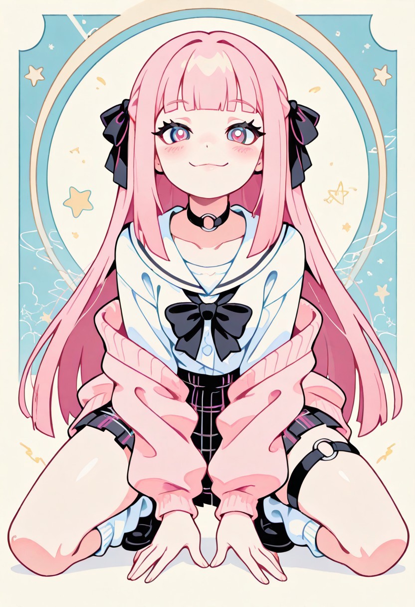 1 girl , solo , blushing , closed mouth , bratty smile , eyelashes , cute , long straight hair , blunt bangs , winking , star , ribbon , hair ribbon , 
slim , slender , 
thigh strap, choker, o-ring choker, pink cardigan, bowtie, white shirt, shirt open, tucked in, plaid skirt, pleated skirt, bare shoulder, white socks, loose socks, black footwear, 
full body view, kneeling, spread legs, leaning forward, 
from front, front view, straight-on, look at viewer, 
masterpiece, best quality ,amazing quality ,S4bit4mago_illu , Protoneon  ,s0wasow4rt_illu, t1m3r