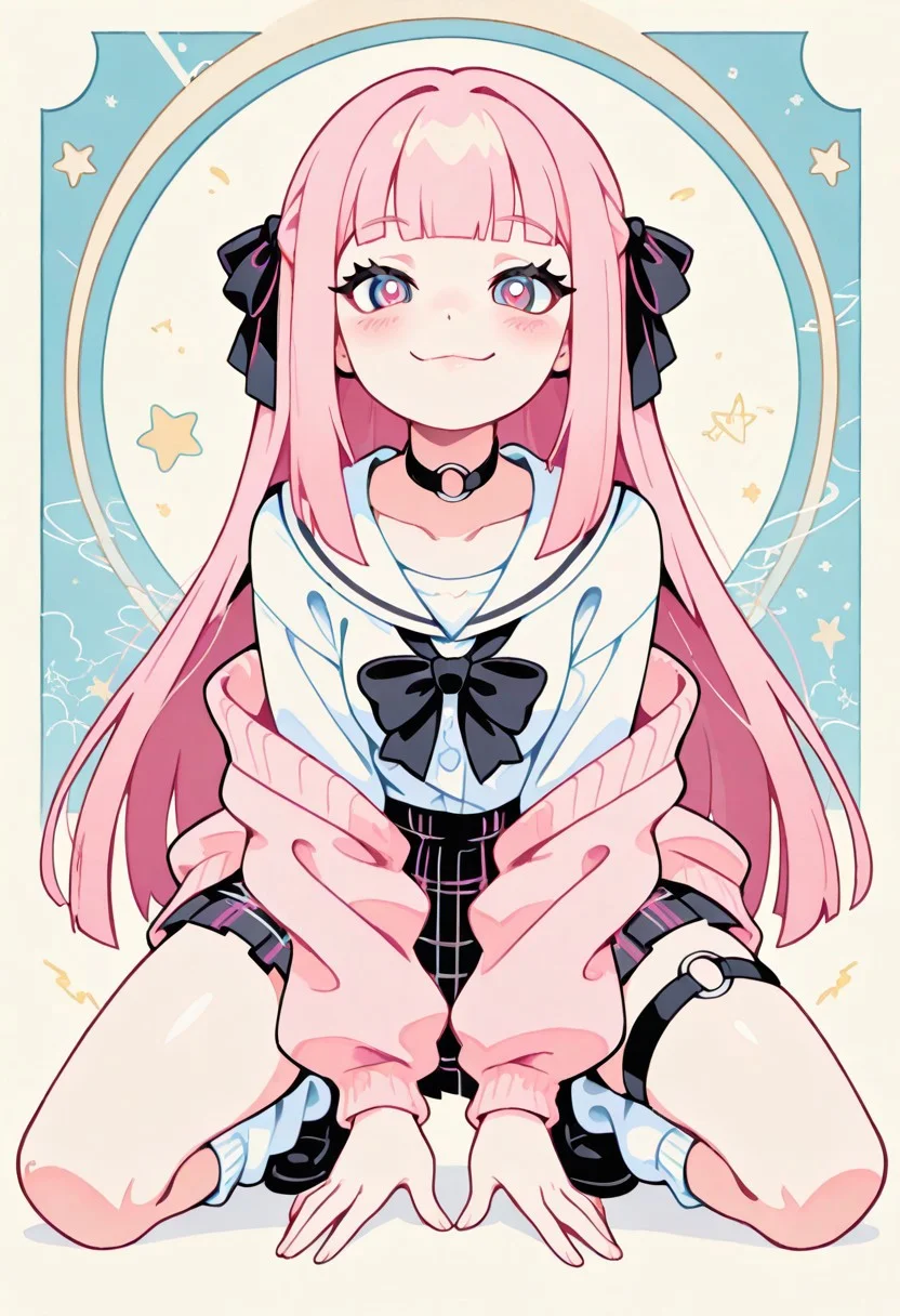 1 girl , solo , blushing , closed mouth , bratty smile , eyelashes , cute , long straight hair , blunt bangs , winking , star , ribbon , hair ribbon ,
slim , slender ,
thigh strap, choker, o-ring choker, pink cardigan, bowtie, white shirt, shirt open, tucked in, plaid skirt, pleated skirt, bare shoulder, white socks, loose socks, black footwear,
full body view, kneeling, spread legs, leaning forward,
from front, front view, straight-on, look at viewer,
masterpiece, best quality ,amazing quality ,S4bit4mago_illu , Protoneon ,s0wasow4rt_illu, t1m3r