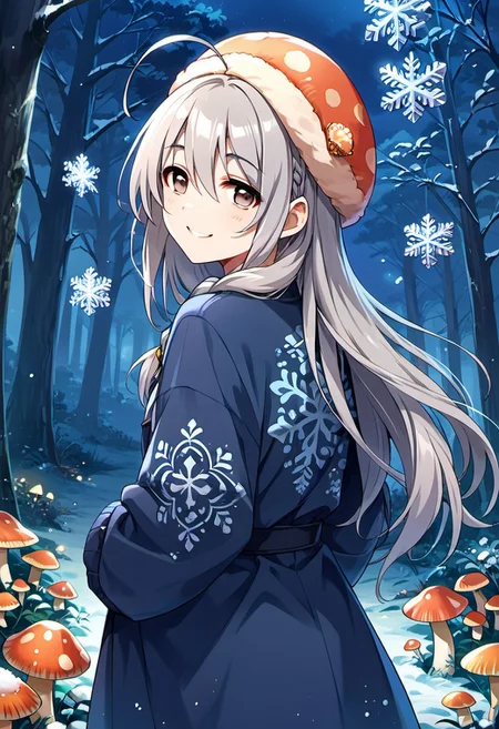 score_9, score_8_up, score_7_up, source_anime, hoshi shouko, long hair, ahoge, grey hair, grey eyes, braid, 1girl, solo, hat, tree, mushroom, looking at viewer, night, snowflakes, smile, looking back