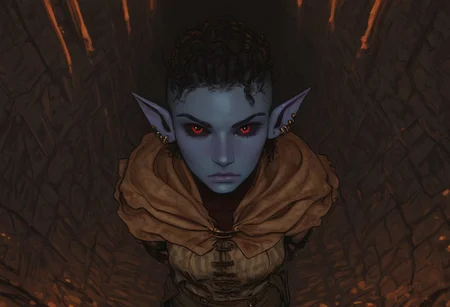 safe_pos, solo, short pointy ears, piercings, nord woman, random elf face, aquiline features, dark elf, weathered skin, large nose, animated realism, zoomed out, Syrian features, torso, subterranean, glowing mushrooms, mushroom forest, cave enviroment, Blackreach, large cavern, gloomy lighting, ancient ruins, interior, dark soil floor ,grey-blue skin, scarlet and gold clothes, medium armor, bone plate armor, ivory straps and fittings, grey wood neckguard, dark red sclera, black pupils, distant mushroom forest, blue-green light, neon, highly detailed, defined features, looking at viewer, three quarters view, from above, dynamic lighting, 36 years old, light and shadows, patterned cloth, annoyed expression, expressive eyes, detailed medieval clothes, medium_breasts, medium hair, wavy hair, thick hair, beaded hair, braided hair, under cut hair, semirealistic, alien elf, spanish features, jewish features, black hair, dark red hair, umber skin, sharp features, red persian print cloak, nighttime, high detail, absurdres, pretty eyes, detailed eyes, red eyes,