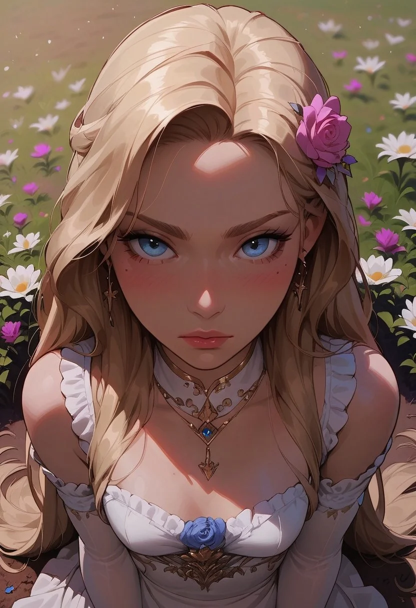 (score_9, score_8_up, score_7_up), g0thicPXL, lilandavastyle, Expressiveh, 
from above, detailed background, face portrait, detailed face, flower field, renaissance clothes,
BREAK 
1girl, sexy girl, long blonde hair, blue eyes, blush, light makeup, colour theory, (small breasts),