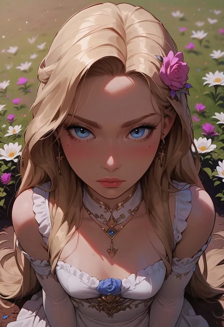 (score_9, score_8_up, score_7_up), g0thicPXL, lilandavastyle, Expressiveh, 
from above, detailed background, face portrait, detailed face, flower field, renaissance clothes,
BREAK 
1girl, sexy girl, long blonde hair, blue eyes, blush, light makeup, colour theory, (small breasts),
