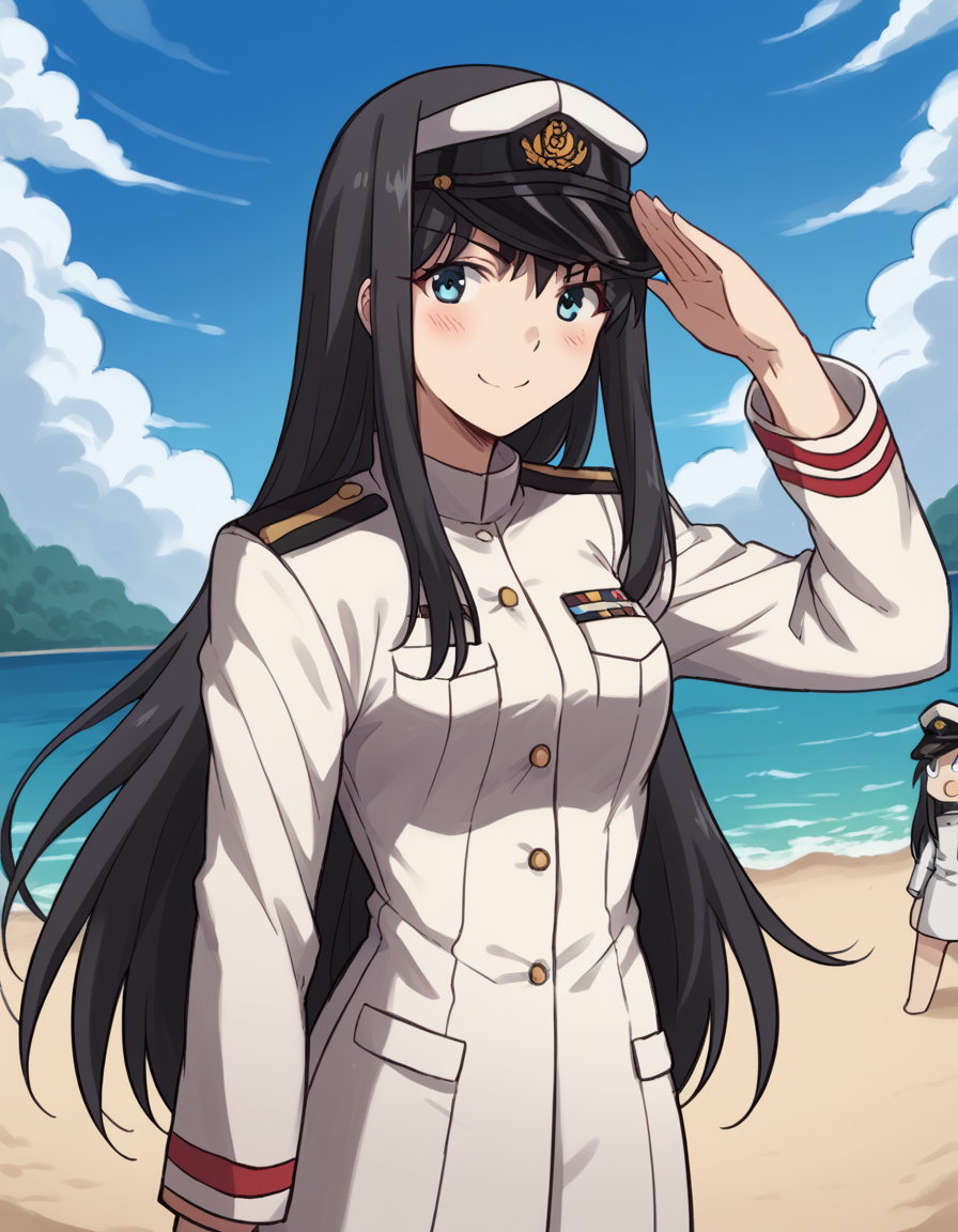 score_9, score_8_up, score_7_up, source_anime, <lora:carnivalphantasm-akiha-toono-ova-ponyxl-lora-nochekaiser:1>, akiha toono, tohno akiha, long hair, blue eyes, black hair, hairband, white hairband, medium breasts,, <lora:kancolle-admiral-cosplay-ponyxl-lora-nochekaiser:1>, kancolle admiral cosplay, admiral (kancolle) (cosplay), naval uniform, cosplay, military uniform, military, peaked cap,, beach, salute, blush, smile, cowboy shot, looking at viewer,, , dutch angle, cowboy shot