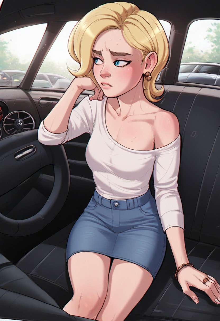Score_9, score_8_up, score_7_up, 1girl, hilolclit, blonde hair, sitting down, inside a car, looking out the window,