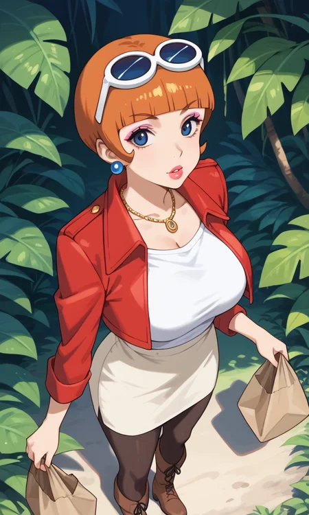(1girl:1.5), (solo:1.3), (score_9, score_8_up, score_7_up, score_6_up, score_5_up, score_4_up), (source_anime), rating_questionable, looking at viewer, (cowboy shot:1.3), standing, outdoors, jungle, smile, 
 <lora:victoria_v1:0.9> (victoria), (dark blue eyes, orange hair, short hair, bob cut, blunt bangs, eyelashes, lips, lipstick, parted lips, makeup, eyeshadow, earrings, necklace, eyewear on head), (large breasts),
(red jacket, cropped jacket, open clothes, white shirt, khaki skirt, miniskirt, dark khaki leggings, brown footwear, kneehighs, boots), holding shopping paper bags, (from above:1.3)