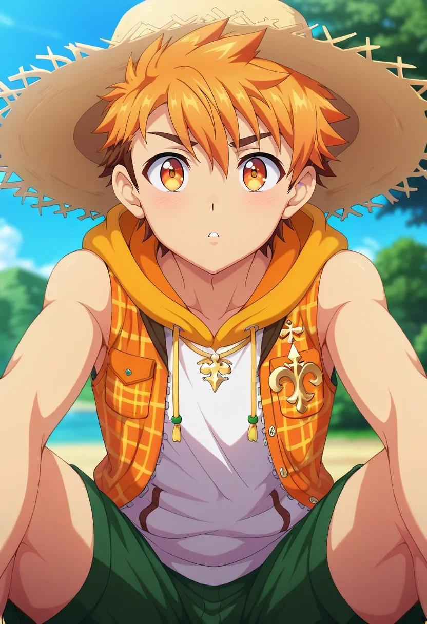 masterpiece, best quality, intricate details, anime screencap, anime coloring, official style, looking at viewer, depth of field, 1boy, solo, male focus, <lora:hiro_akiba_ilxl:0.98>, hiro_akiba, orange hair, orange eyes, short hair, , , Lurex PaleMint Fleur-de-lis Running shorts, Flannel Sleeveless hoodie, , Straw hat,