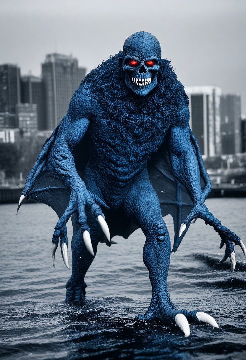 (score_9, score_8_up:1.1), score_7_up, 8k, masterpiece, high quality, extremely detailed, MarvelRivals, semi realistic, cartoon, 
solo, standing,
Solomon, kaiju, demonic kaiju, no humans, humanoid, skull face, monster, dark blue fur, dark blue skin, glowing red eyes, sharp teeth, humanoid arms, sharp claws, bat wings coming out of his arms, bird feet with white claws, hands with white claws,
gesugao, happy smile,
expressive, high-contrast,
hyper-detailed, dramatic light,
miniature buildings, small model city, solo, outdoors, out of the ocean, partially submerged, wading through the water, miniature city, building miniatures in the background, solo, full body, solo, extremely detailed, Macro detailed realism style photograph, 3DMM, monochrome, black and white, old photograph