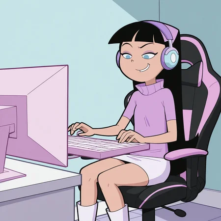 masterpiece, best quality, screenshot, break, solo, trixie_fop, black hair, long hair, bangs, blue eyes, turtleneck, skirt, boots, sitting, gaming chair, typing, pc, smirk, headphones