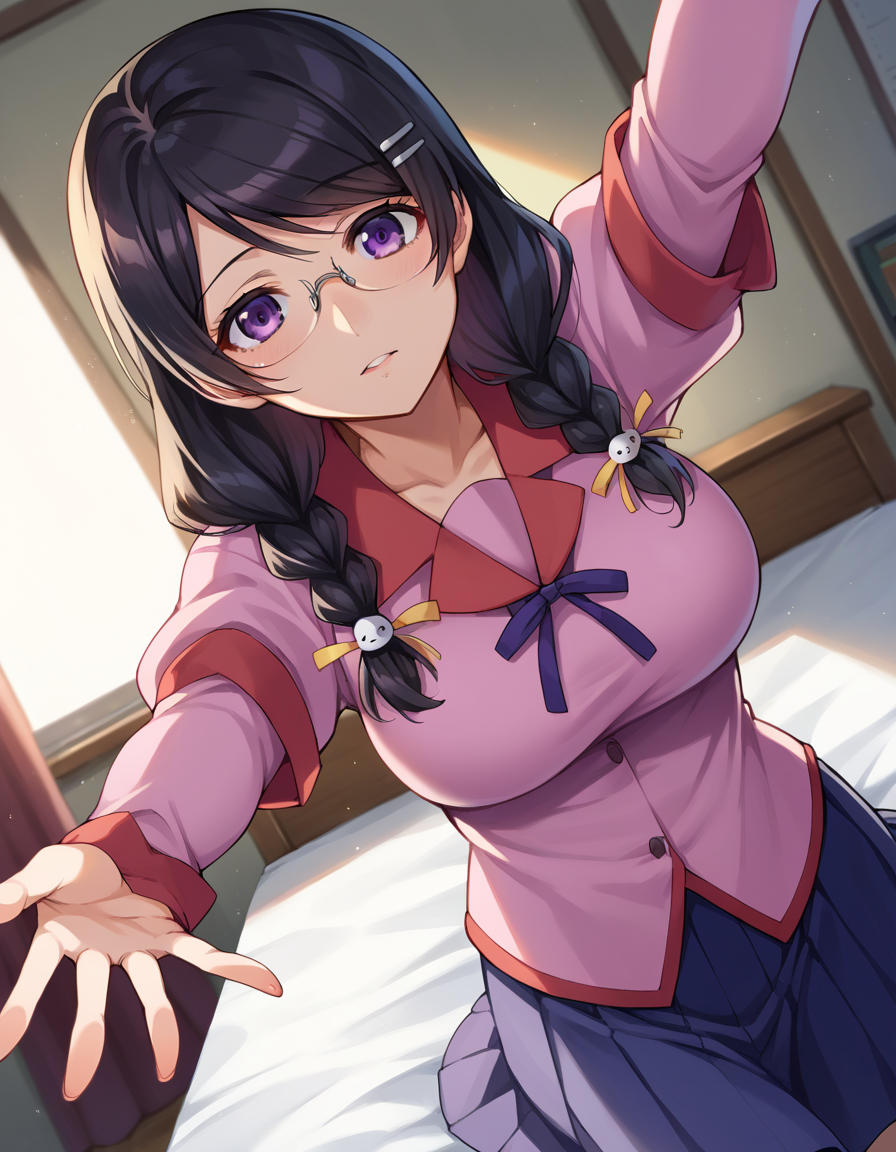 score_9, score_8_up, score_7_up, source_anime,
tsubasahanekawa, <lora:tsubasa-hanekawa-ponyxl-lora-nochekaiser:1>,
hanekawa tsubasa, long hair, black hair, hair ornament, purple eyes, braid, hairclip, twin braids, glasses, mature female,
skirt, school uniform, naoetsu high school uniform,
indoors, bed, bed room, on back, arm support, arms up, incoming hug, pov, reaching, reaching towards viewer,
looking at viewer, cowboy shot, dutch angle,