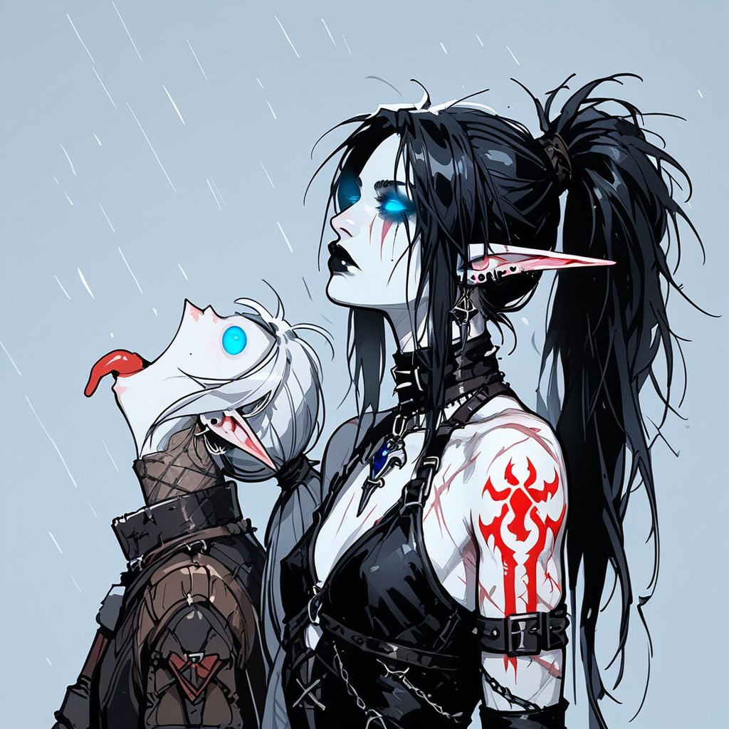 score_9, score_8_up, score_7_up, score_6_up, Expressiveh, undead, deathknight, barbed wire, g0thicPXL, masterpiece, perfect face, 2girls, BREAK (1girl, night elf, goth, tall girl, athletic, (pale grey skin, red bodytattoo, red facetattoo), pointy ears, long ears, (blue eyes, glowing eyes), (black hair, messy hair, ponytail, bangs), scars, black lipstick), BREAK (1girl, elf, athletic, white hair, ponytail, long ears, pointy ears, blue eyes, glowing eyes, (pale white skin with blue warpaint), petit, flat chest, piercings, goth), BREAK Mouthwashing