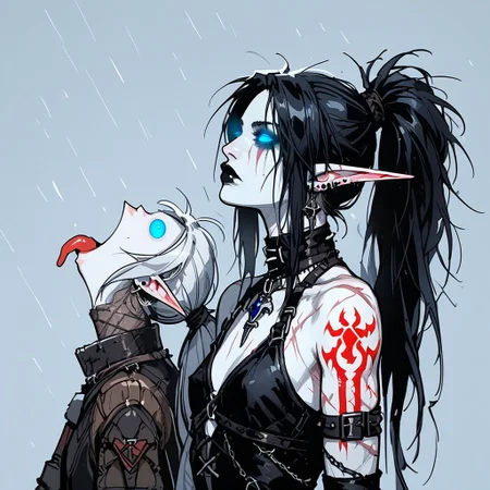 score_9, score_8_up, score_7_up, score_6_up, Expressiveh, undead, deathknight, barbed wire, g0thicPXL, masterpiece, perfect face, 2girls, BREAK (1girl, night elf, goth, tall girl, athletic, (pale grey skin, red bodytattoo, red facetattoo), pointy ears, long ears, (blue eyes, glowing eyes), (black hair, messy hair, ponytail, bangs), scars, black lipstick), BREAK (1girl, elf, athletic, white hair, ponytail, long ears, pointy ears, blue eyes, glowing eyes, (pale white skin with blue warpaint), petit, flat chest, piercings, goth), BREAK Mouthwashing
