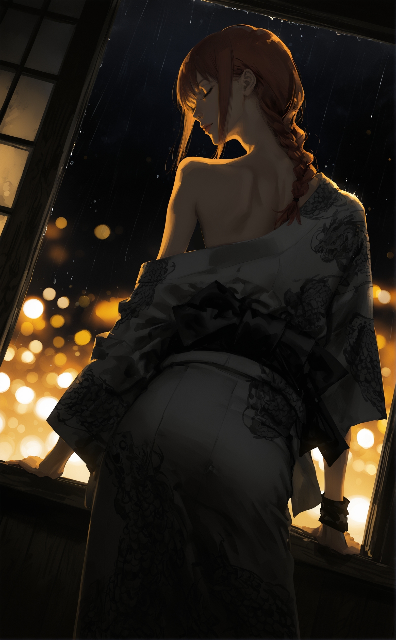 sideways, realistic detailed cinematic magazine cover illustration, (by mizumi zumi:1.3), (by narue:1.2), (by tatsumi \(psmhbpiuczn\):1.2),   dutch angle, blurry background, 
screentones \(texture\),  linear hatching,  hatching \(texture\), (brushstrokes \(texture\):1.25), 
lips, nose, 
 1girl,makima \(chainsaw man\),  (from behind:1.2), (sideways glance:1.2),  profile, kimono, single off shoulder,  (back:1.2), closed eyes, expressionless, head tilt, wooden footwear, dark background, night, neon lights from window, night theme, glowing theme, yakuza, samurai,  perspective,  (indoors scenery:1.1), (depth of field:1.2), (blurry background:1.3), wide shot, rain outside, water drops, hair over shoulder, (bokeh:1.4), (contrapposto:1.3), arm support, arm scarf, 
highres,
<lora:nhl-003-wai-15-old:0.35> nhl-003
<lora:nhl-002-nai:0.8> nhl-002,
<lora:nhl-001-20:0.6> nhl-001,