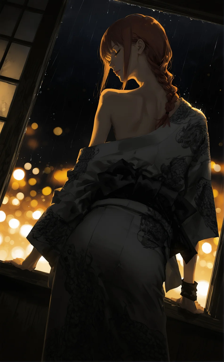 sideways, realistic detailed cinematic magazine cover illustration, (by mizumi zumi:1.3), (by narue:1.2), (by tatsumi \(psmhbpiuczn\):1.2), dutch angle, blurry background,
screentones \(texture\), linear hatching, hatching \(texture\), (brushstrokes \(texture\):1.25),
lips, nose,
1girl,makima \(chainsaw man\), (from behind:1.2), (sideways glance:1.2), profile, kimono, single off shoulder, (back:1.2), closed eyes, expressionless, head tilt, wooden footwear, dark background, night, neon lights from window, night theme, glowing theme, yakuza, samurai, perspective, (indoors scenery:1.1), (depth of field:1.2), (blurry background:1.3), wide shot, rain outside, water drops, hair over shoulder, (bokeh:1.4), (contrapposto:1.3), arm support, arm scarf,
highres,
<lora:nhl-003-wai-15-old:0.35> nhl-003
<lora:nhl-002-nai:0.8> nhl-002,
<lora:nhl-001-20:0.6> nhl-001,