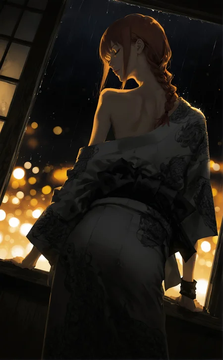 sideways, realistic detailed cinematic magazine cover illustration, (by mizumi zumi:1.3), (by narue:1.2), (by tatsumi \(psmhbpiuczn\):1.2), dutch angle, blurry background,
screentones \(texture\), linear hatching, hatching \(texture\), (brushstrokes \(texture\):1.25),
lips, nose,
1girl,makima \(chainsaw man\), (from behind:1.2), (sideways glance:1.2), profile, kimono, single off shoulder, (back:1.2), closed eyes, expressionless, head tilt, wooden footwear, dark background, night, neon lights from window, night theme, glowing theme, yakuza, samurai, perspective, (indoors scenery:1.1), (depth of field:1.2), (blurry background:1.3), wide shot, rain outside, water drops, hair over shoulder, (bokeh:1.4), (contrapposto:1.3), arm support, arm scarf,
highres,
<lora:nhl-003-wai-15-old:0.35> nhl-003
<lora:nhl-002-nai:0.8> nhl-002,
<lora:nhl-001-20:0.6> nhl-001,