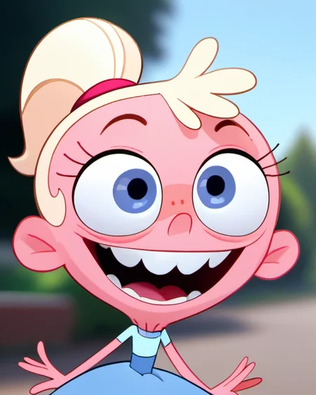 1girl, solo, stl1, official art, official  style, pink skin, open smile, big head, teeth, dress, freckles, buck teeth, ponytail, blonde hair, blurry background, parody, <lora:stl1:1>, score_9, score_8_up, score_7_up,