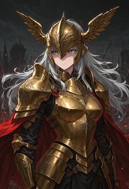 (masterpiece), (best quality), (ultra-detailed), amazing quality, very aesthetic, illustration, newest, upper body, colorful, vibrant, looking to the side, (oil painting:1.1), cinematic lighting, <lora:Avarice:1>, edgeofavarice, avarice, glowing silver runes, dark fantasy,
1girl, solo, cape, angelic_emblem_on_cape long sleeves, faulds, horned helmet, full_helmet, silver and gold armor, smooth armor, smooth gauntlets, winged helmet, full_armor, full_plate_armor, winged_helmet, gold_armor, winged_shoulders, clawed_gauntlets, holy_emblem, segmented_faulds, tattered_cape, aura_of_hope, inspiring_presence, holy_glow, massive_blade, battlefield_setting, heavy_armor, silver hair
