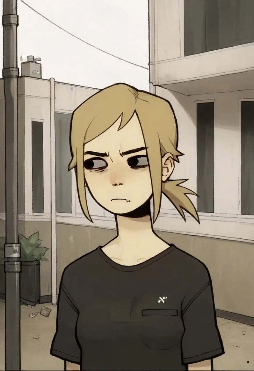 score_9,score_8_up,score_7_up,score_6_up,source anime BREAK, 1girl, solo, ponytail, blonde hair, tshirt, outdoors, apartment area, annoyed, black eyes, potrait