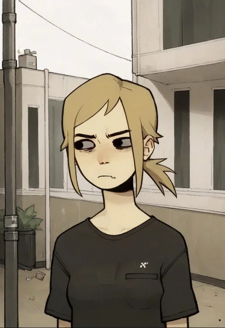 score_9,score_8_up,score_7_up,score_6_up,source anime BREAK, 1girl, solo, ponytail, blonde hair, tshirt, outdoors, apartment area, annoyed, black eyes, potrait