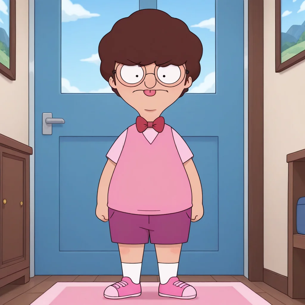 toon \(style\), break ((masterpiece, colorful, detailed background, absurdres, amazing quality)), <lora:mrfrond-v5:0.75> bb-mfminor, 1boy, child, glasses, tongue out, annoyed, clenched hands, v_arms, indoors, red bowtie, light-pink t-shirt, pink vest, pink-purple shorts, white socks, pink shoes, solo, straight-on, hair covered eyes,