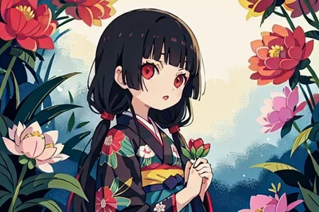 enma ai, hair down, hair black, bangs, eyes red, masterpiece, best quality, ultra-detailed, illustration, 1girl, solo, highres, photorealistic, ultra high res, (Original illustration composition), (fusion of limited color,Maximalism artstyle, kimono obi fashion, double exposure, background, illustration, Amazing, lily spider, night darkness, open one's mouth, finger, flowers red, low twintails, (polychromatic peony:1.15), Movie poster,