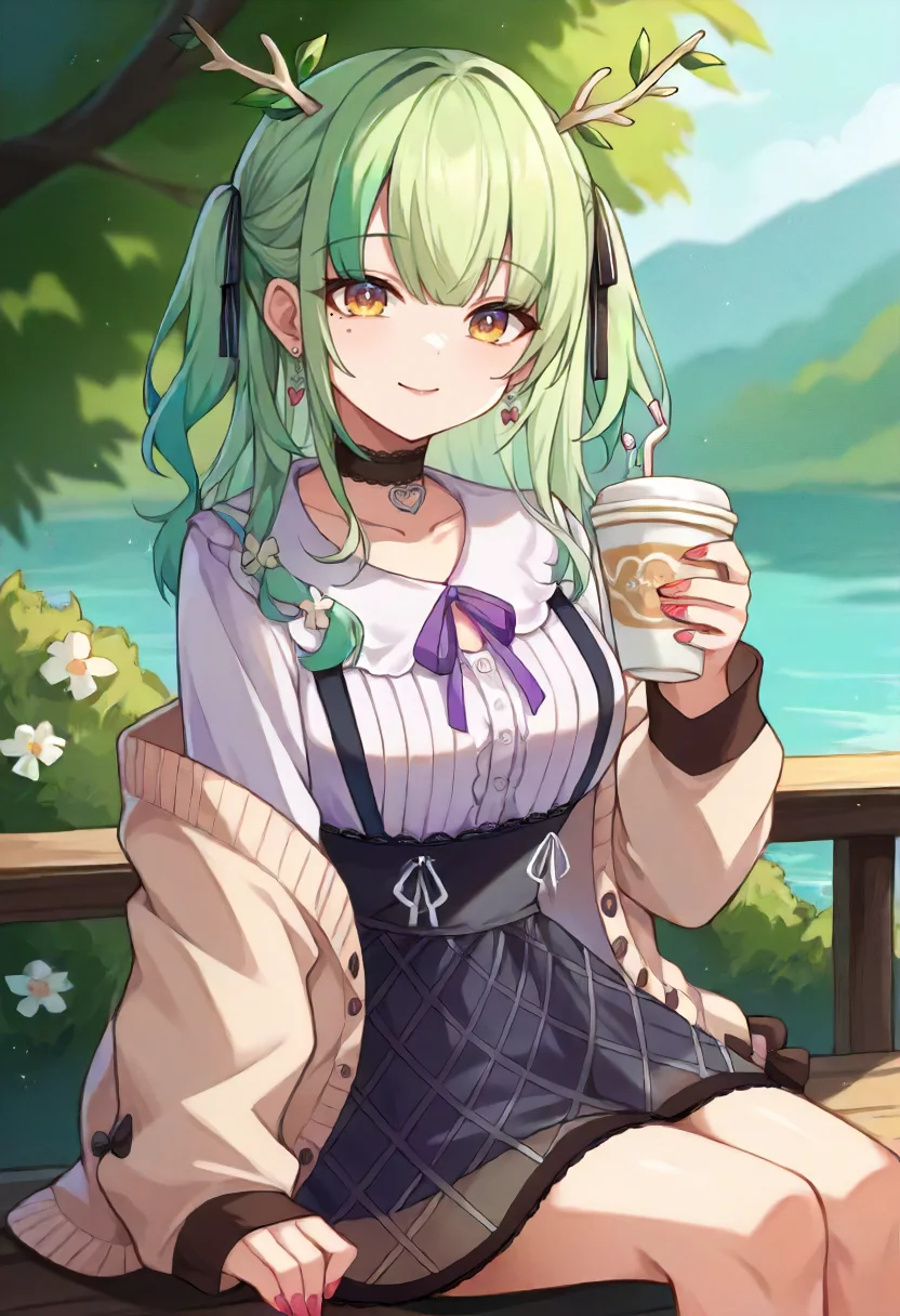 score_9, score_6_up, source_anime, 1girl, solo, sitting, holding cup, cozy, fauna_casual, two side up, antlers, side braid, white shirt, frills, black skirt, high-waist skirt, cardigan, ribbon, black choker, earrings, pink nails, mole under eye, light smile <lora:ceres_fauna_sdxl_pony:1>