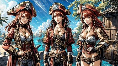 (young redhead pirate woman), (portrait), (parrot:1.2), sharp focus, (ultradetailed), (standing), (happy) smile, pirate (ship galleon:1.2, hoop earrings, gold medallion, Earthy Red pirate clothes, pirate hat, hips, pirate (village), leafy beach coast, (treasure chest with coins, gems and jewels:1.2), (rum barrel), best quality masterpiece, bright sunny sky, backlight, natural lights, high contrast, hdr, shadows, pretty, beautiful, feminine, sexy, adorable, lovely, in love, (PirateDiffusionprt:0.5), <lora:Pirate:0.3> PrateT <lora:PirateRealms:0.3> <lora:Detail Tweaker LoRA add_detail:0.8> <lora:depth_of_field_slider_v1:5> <lora:SDXLrender_v2.0:0.9>